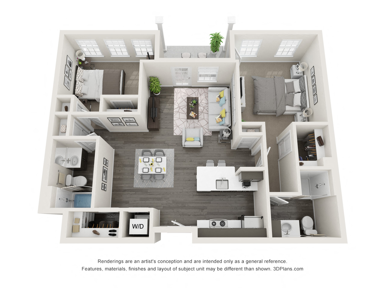 Floor plan for 2 beds, 2 baths, 1000 sqft